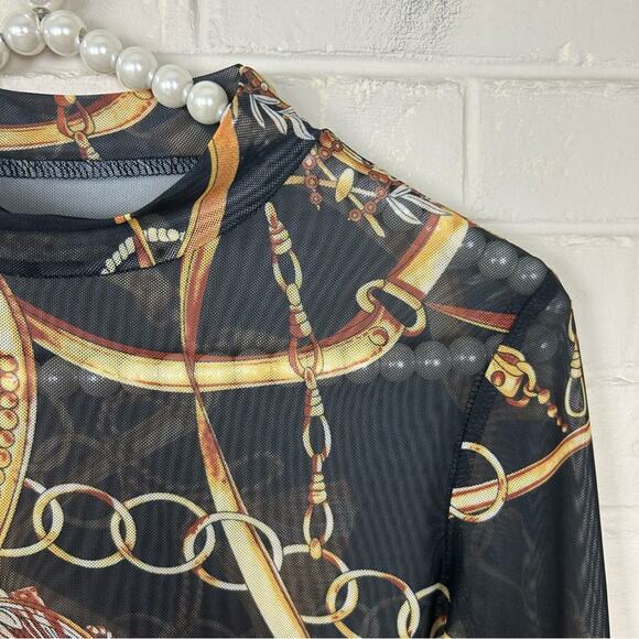 SHEIN Printed Mock Neck Mesh Sheer Long Sleeve Top Size XS - Picture 4 of 6